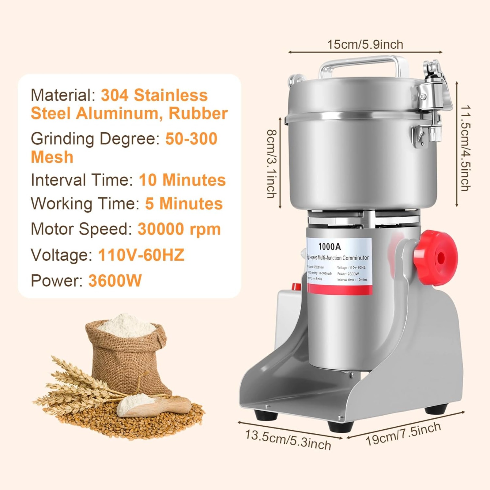 3600W Yüksek Hızlı Ticari Elek - Dry Grain Grinder Stainless Steel incelemesi ve fiyatı